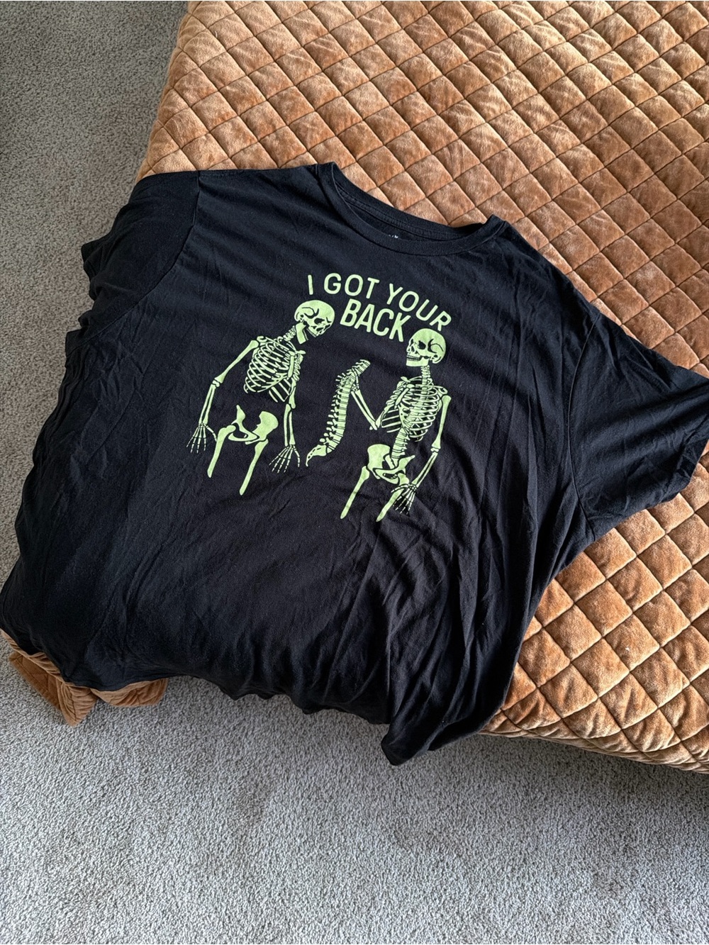 Black Graphic Tee with Glow Green Skeleton Print